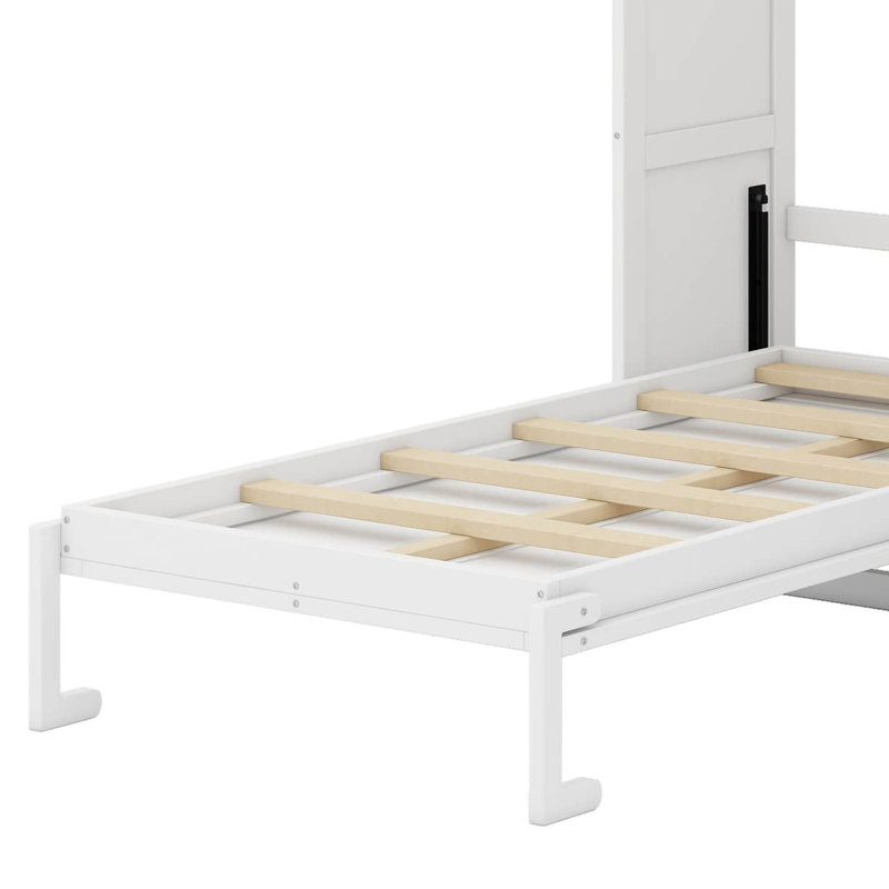 Lit escamotable simple en bois avec meuble télé, 2 tiroirs, tablettes et armoires, Blanc