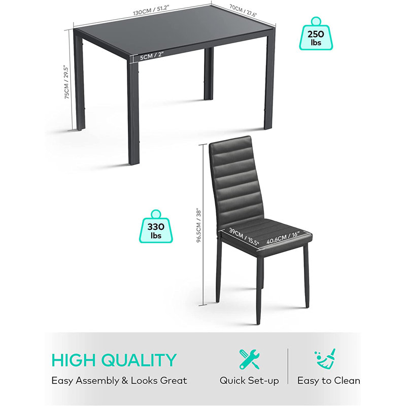 7 - Piece Glass Top Dining Set, Dining Table with 6 Faux Leather Chairs, Black, Black