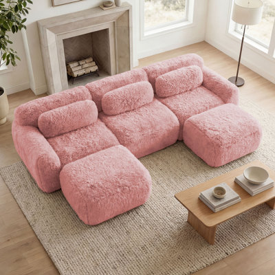 Canapé modulaire à 3 places avec tissu anti-dérapant, 2 repose-pieds mobiles et 3 coussins décoratifs 114,7 po