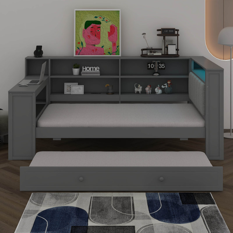Multi-Functional Twin Size Daybed With Trundle, Built-In Desk, Wood Corner Bed With 8 Storage Shelves, Charging Station, And Upholstered Headboard