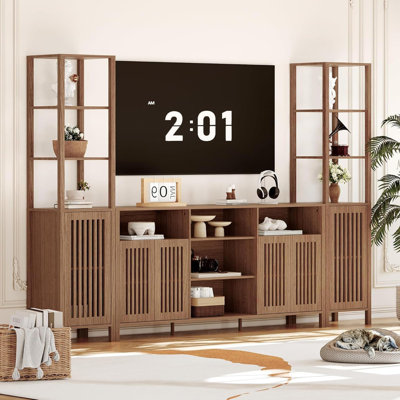 Farmhouse Rustic TV Stand for TVs Up to 70", Entertainment Center with Bookshelves & Storage Cabinet, Multi-Purpose Media Console for Living Room or Bedroom, Brown