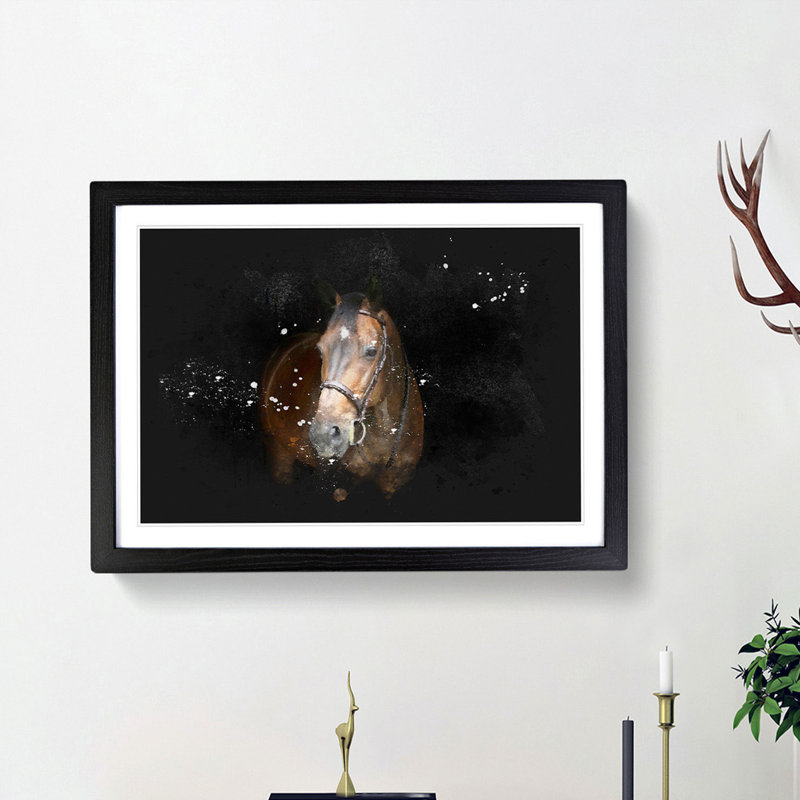 Brown Horse in the Shadows - Picture Frame Painting Print, 62cm H x 87cm W x 2cm D, Black Framed