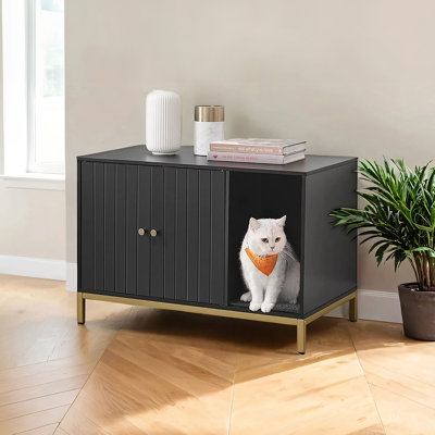Enceinte de litière, meubles de bac à litière pour chat cachés, avec tapis à gratter, pieds hauts, maisonnette pour chat, table d'appoint latérale, 31,5 po x 19,7 po x 21,7 po, noir et doré
