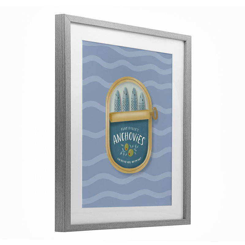 "Anchois en conserve sur vagues", reproduction sous verre encadrée, design par Sandra Picco, Cadre de ferme gris