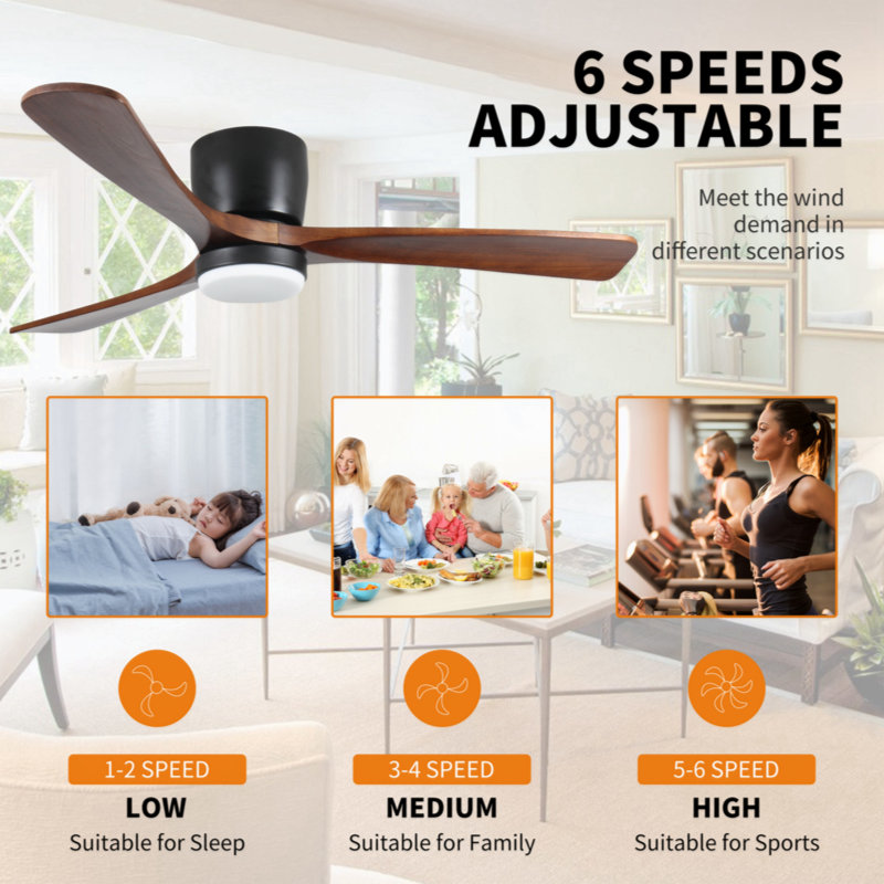 Ventilateur de plafond en bois noir avec lumières et télécommande 42 po Kamri, Noir avec pales brunes, 52"