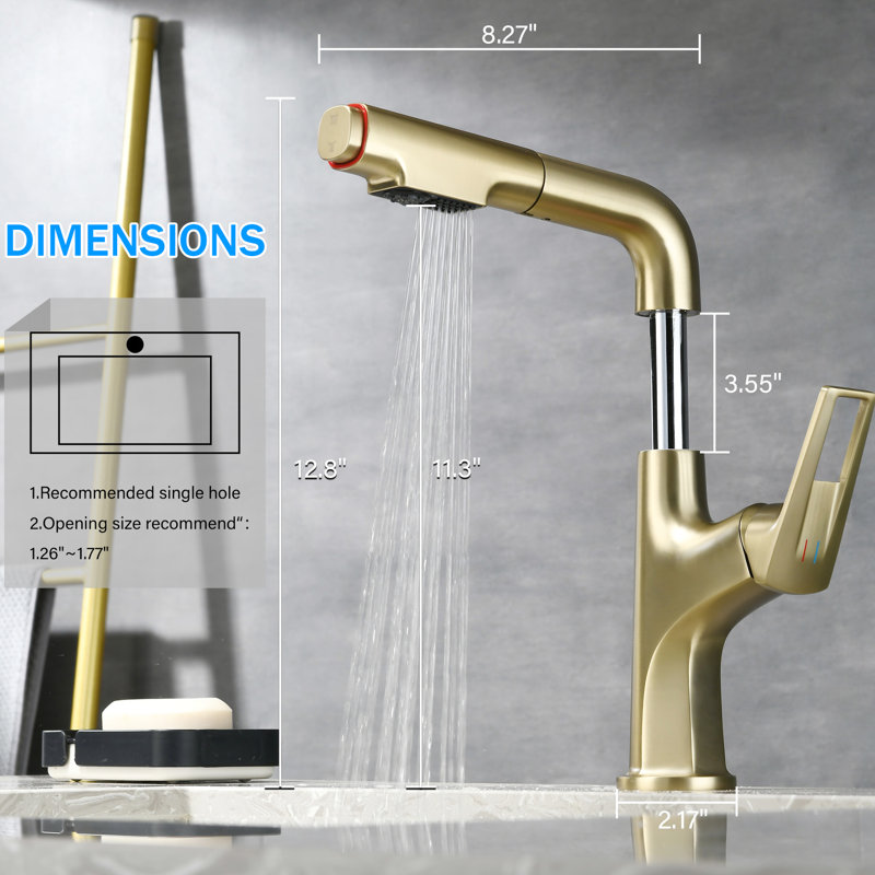 Single Hole Manual Brushed Gold Faucet For Kitchen And Bathroom With 1.8 Gallons Per Minute Flow 360 Swivel Spout Outdoor