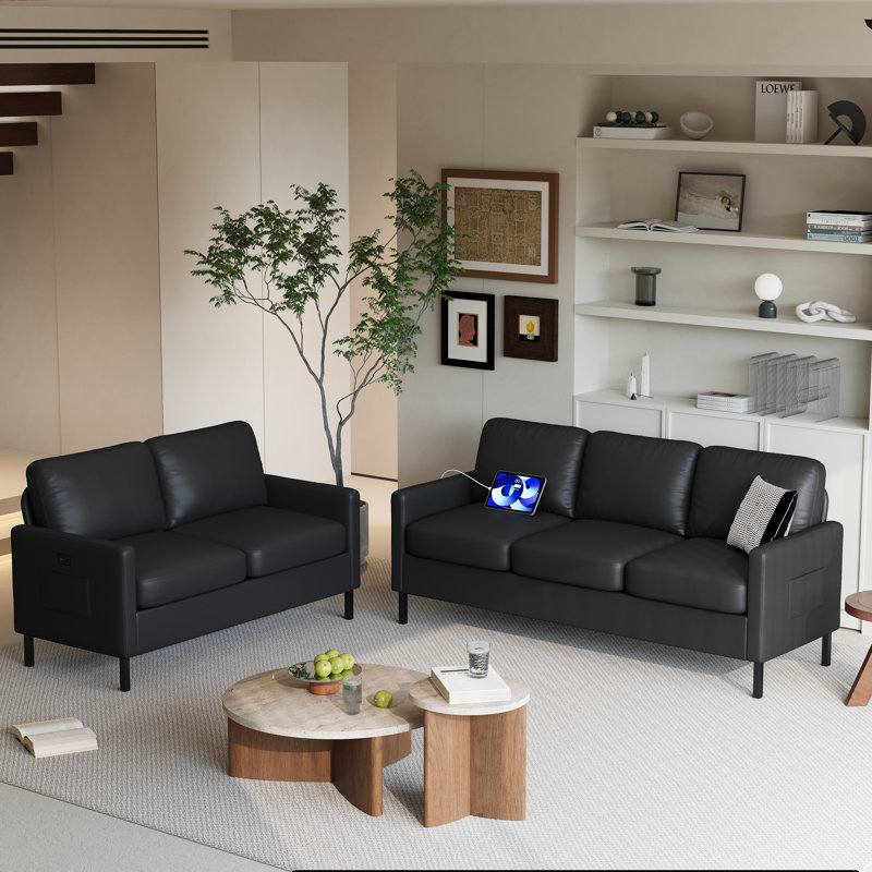 5-Seat Faux Leather Living Room Set With USB Ports, Black
