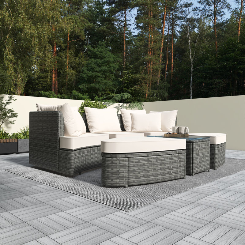 6-Piece Outdoor Wicker Sofa Set With Coffee Table, White/Black