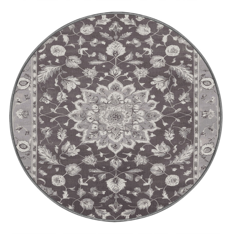 Tapis gris Tabriz lavable à la machine, Rond 8 pi