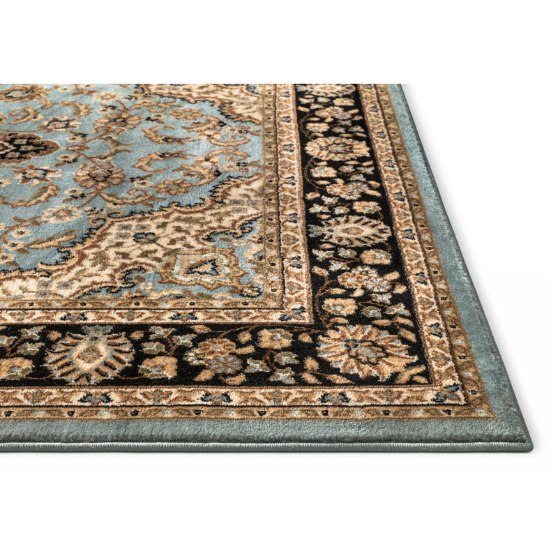 Belliere Medallion Kashan Light Blue Traditional Rug, Rectangle 5'3" x 7'3"