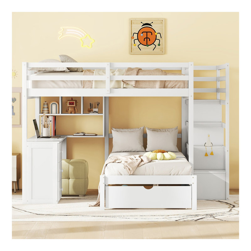 Lit superposé double au-dessus de simple avec bureau, tiroirs et tablettes, blanc