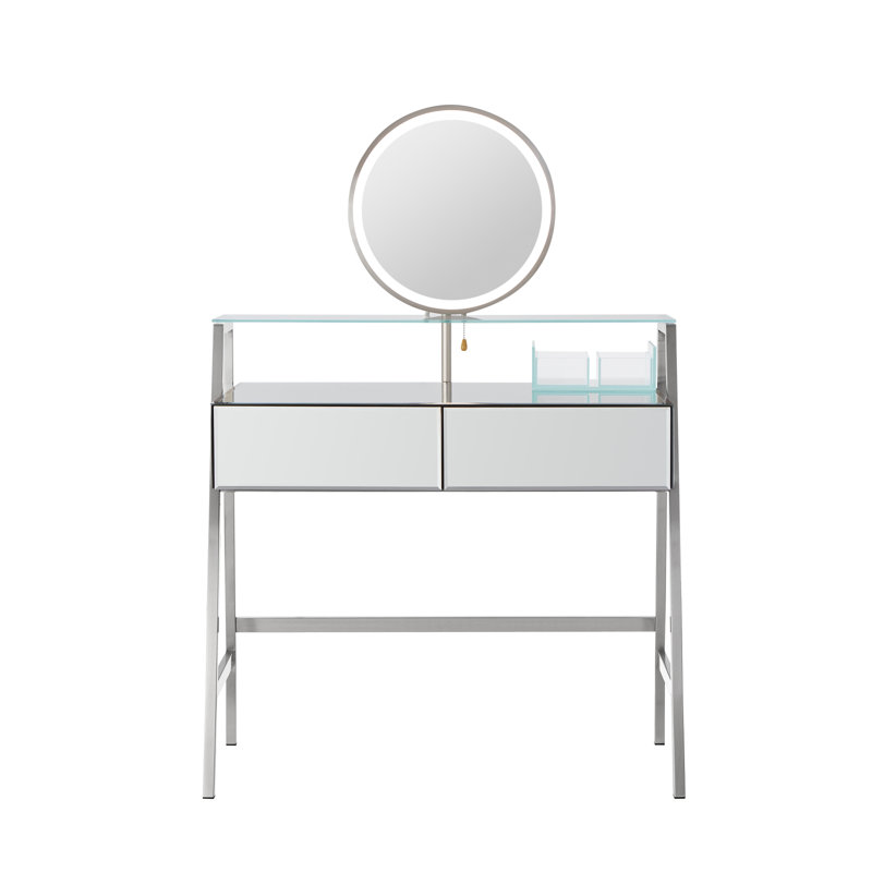 33.9" Mirrored Makeup Vanity Desk With LED Mirror, 2 Big Drawers, Open Shelf, Dressing Table With Charging Station For Bedroom, Silver