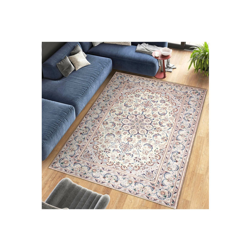 Tapis beige lavable à la machine à motif tissé beige, Rectangle 3 pi 11 po x 5 pi 11 po