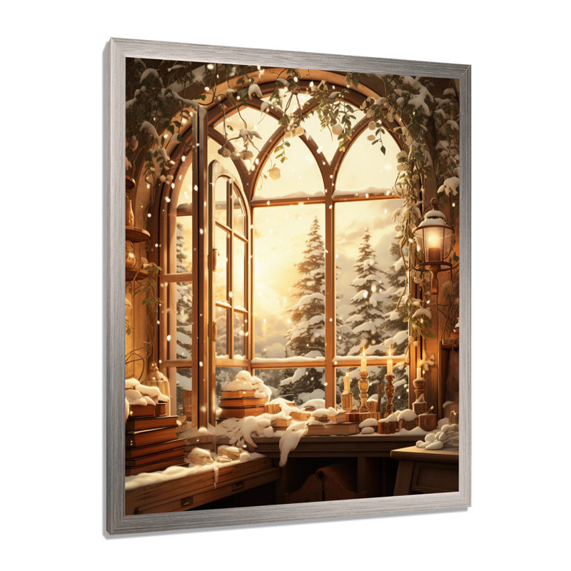 «Christmas Winter Window View I - Winter Landscape», impressions sur toile, H 20 po x l 12 po x P 1 po, Cadre simple argenté