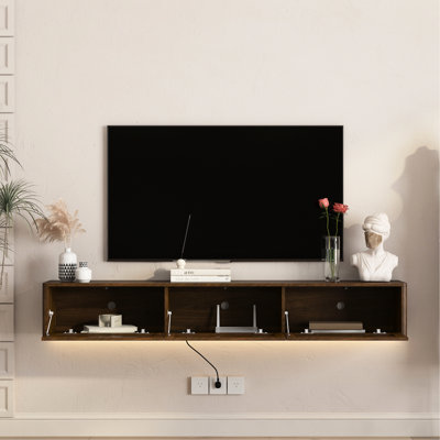 Meuble télé flottant mural en bois ultrabrillant pour salon avec lumières DEL Prise de courant 3 ports standard 2 grands composants de jeu Accessoires de jeu - 16 couleurs