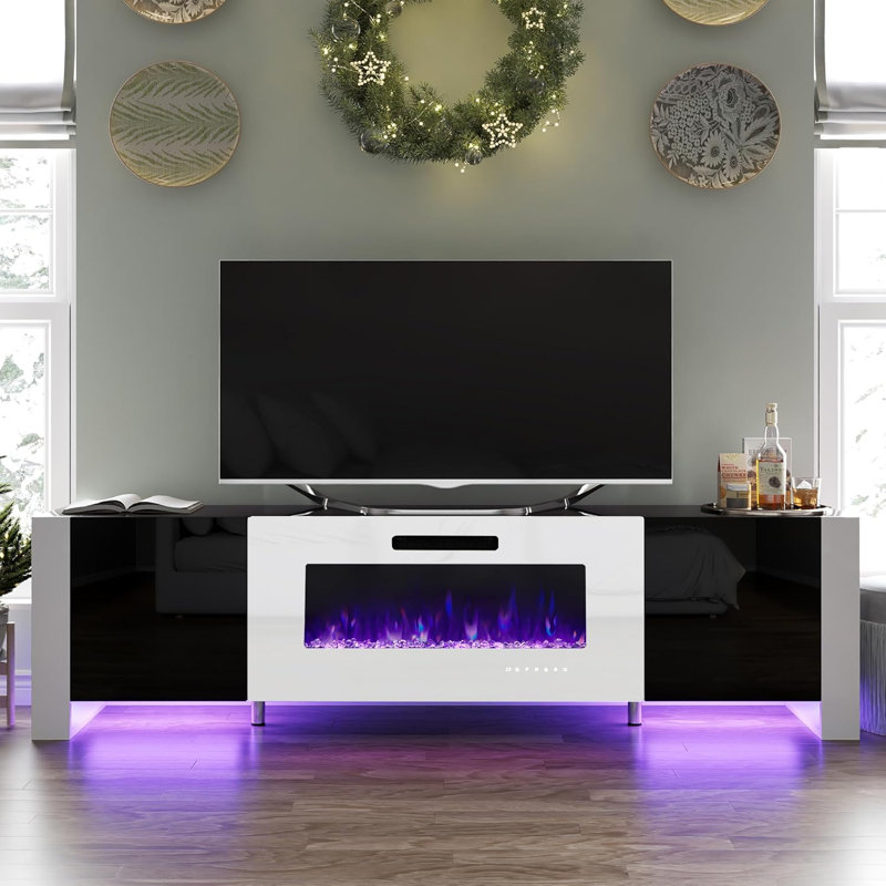 Crédence de rangement Pittston avec foyer inclus, Noir / blanc, 80"
