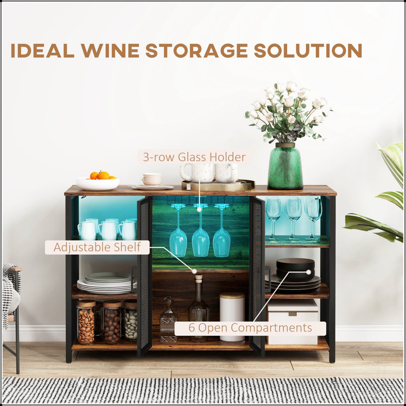 Armoire à vin à DEL avec supports en verre pour station de charge, brun rustique