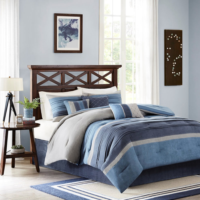 Literie en microsuède bleu marine avec coussins décoratifs et taille facile d'entretien en 7 pièces