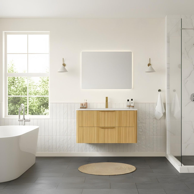 Meuble-lavabo mural 36 po avec 2 tiroirs et lavabo en céramique Carrara, Chêne clair, 36"