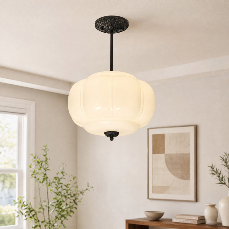 Vintage Glass Semi Flush Mount Ceiling Light,Pumpkin Chandelier, White