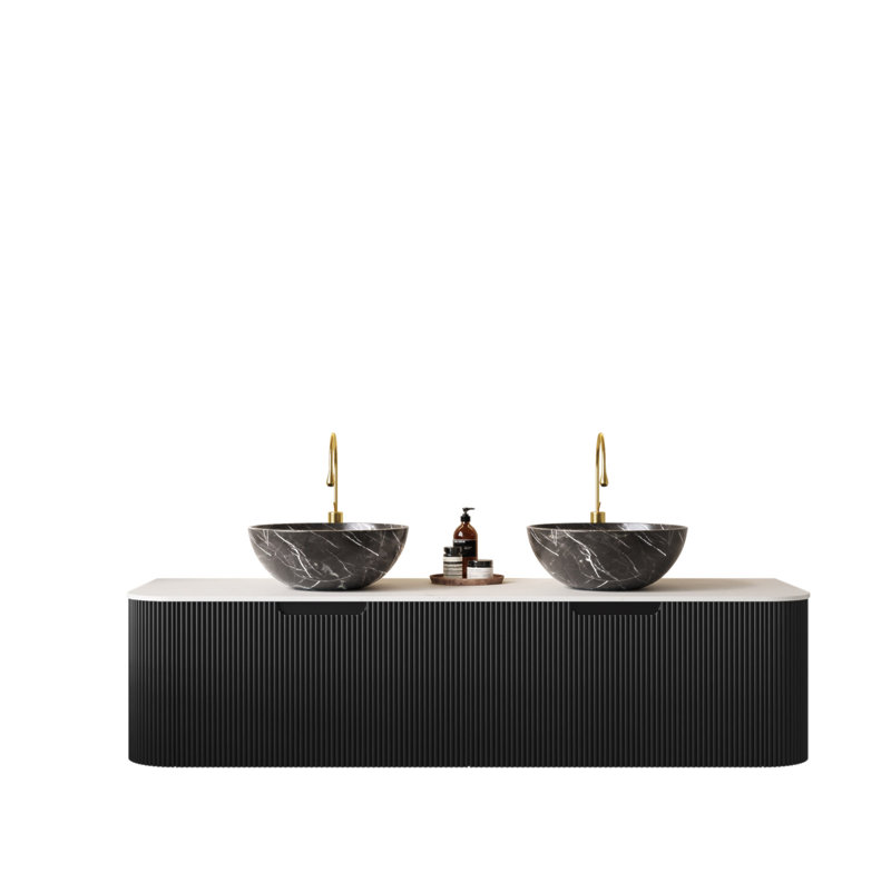 Meuble-lavabo de 60 po avec lavabos, armoire de rangement murale rayée à bords arrondis avec 2 tiroirs, 2 vasques en céramique noires avec motif de pierre, couleur pré-assemblée