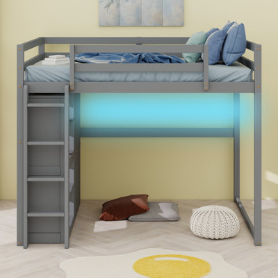 Premium Wood Loft Bed Frame With Integrated LED Light, Wardrobe And Spacious Storage Shelves