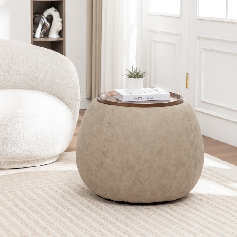 Repose-pieds de rangement rembourré avec plateau en bois Pietsch, Vintage Grey