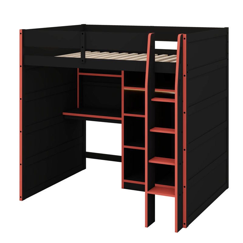 Full Size Wooden Loft Bed – Integrated Desk, Open Wardrobe, Storage Compartments & RGB Lights, Red