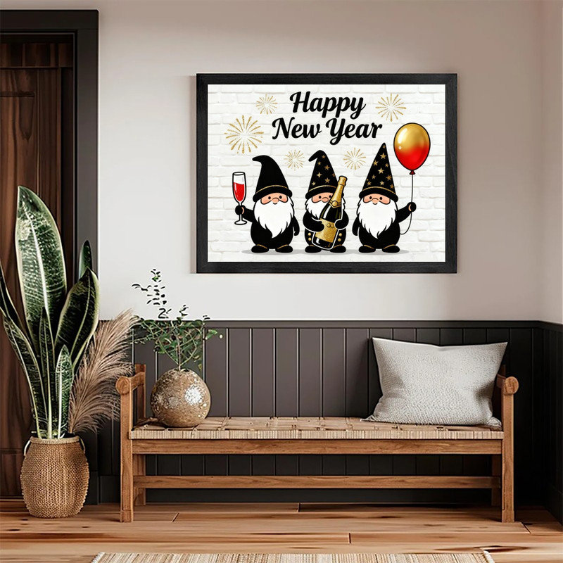 Cadre noir, nouvel an, elf or, feu d'artifice mural, décoration festive, cadre, H 25 po x l 37 po