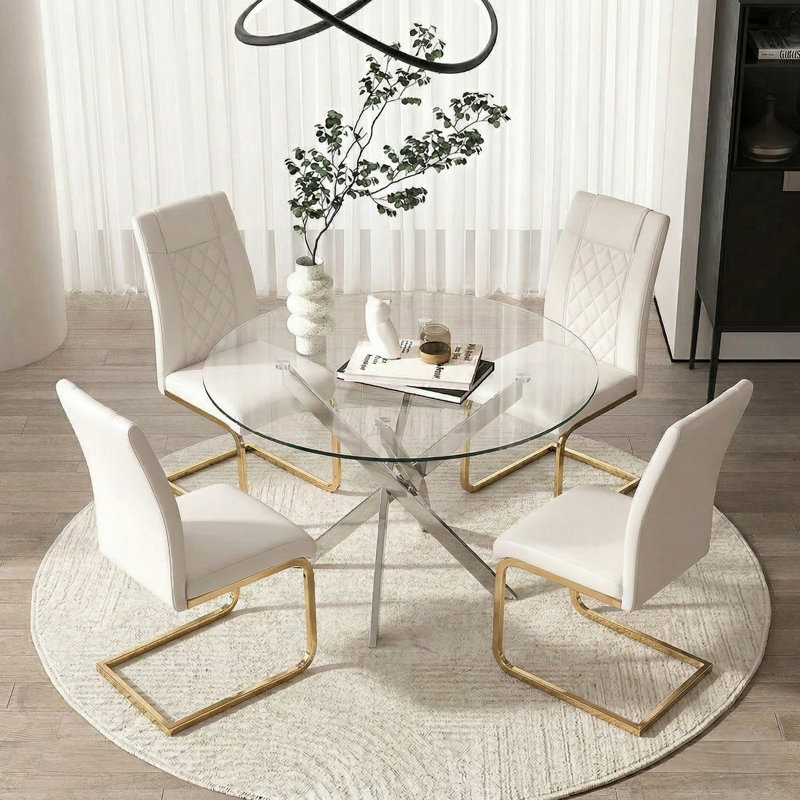 Ensemble de table de salle à manger 5 pièces en verre rond moderne, table de salle à manger en verre de 35,5 pouces avec pieds argentés et 4 chaises en cuir de polyuréthane