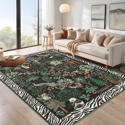 Jungle Rug Washable Animal Living Room Carpet, Non-Slip Non-Shedding Modern Floor Mats, Foldable Low Pile Accent Indoor Rug for Bedroom, Kitchen, Office