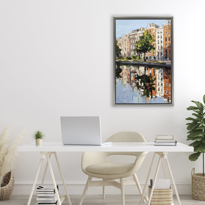 Waterside Apartments on Canal Floating Frame, design by Petal Prints Design, 31 x 21, Cadre flottant gris lustré