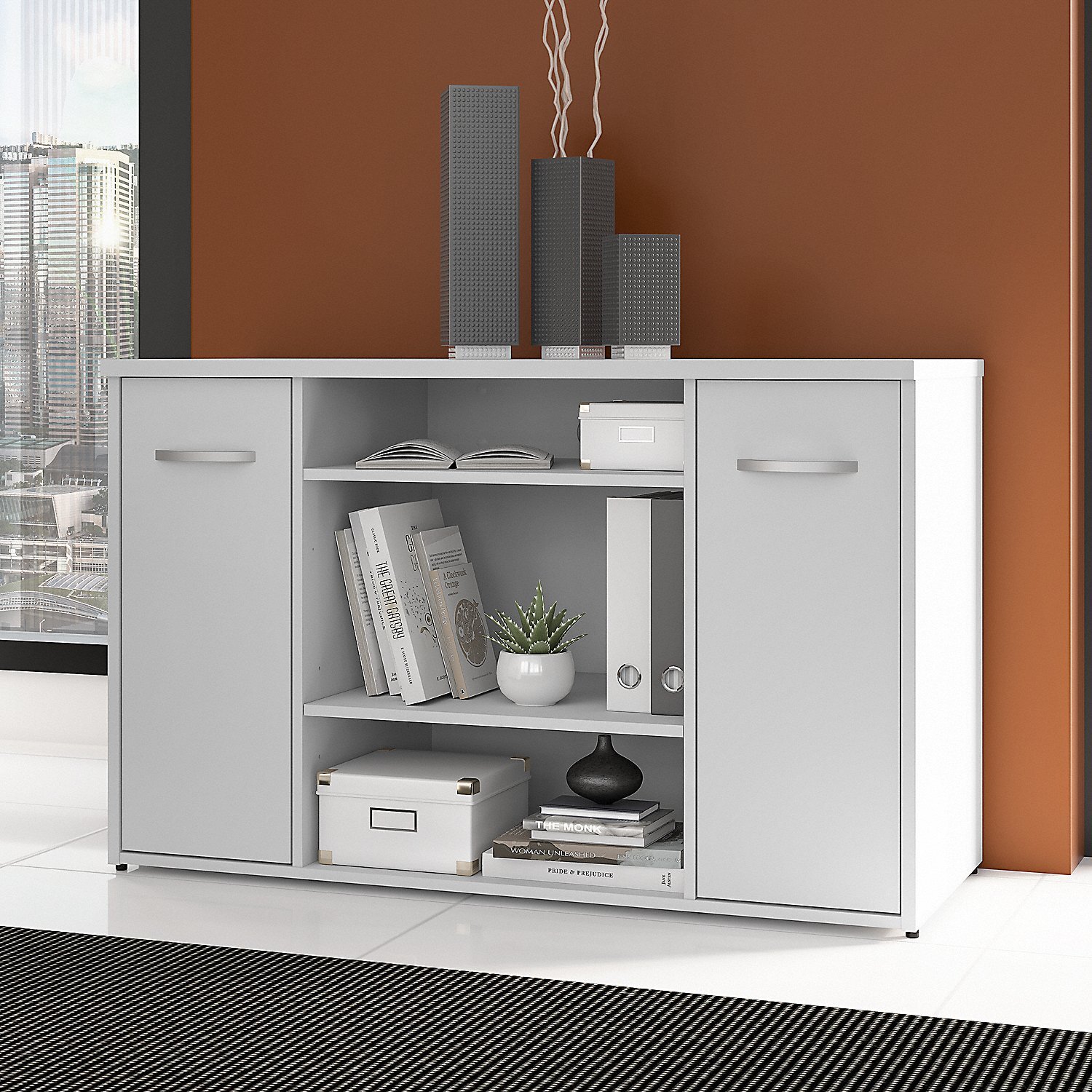 Bush Business Furniture Universal Tall Clothing Storage Cabinet with Doors and Shelves Platinum Gray