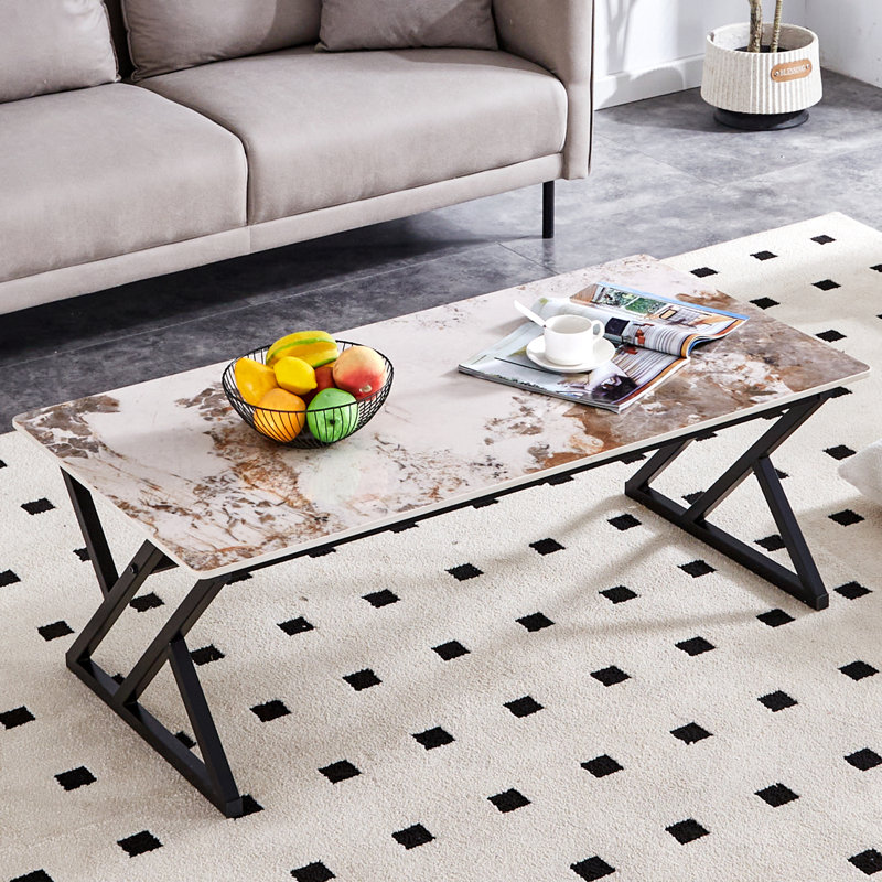 Stone Slab Coffee Table With Metal Legs - 47" X 23.6", White/Brown, Black