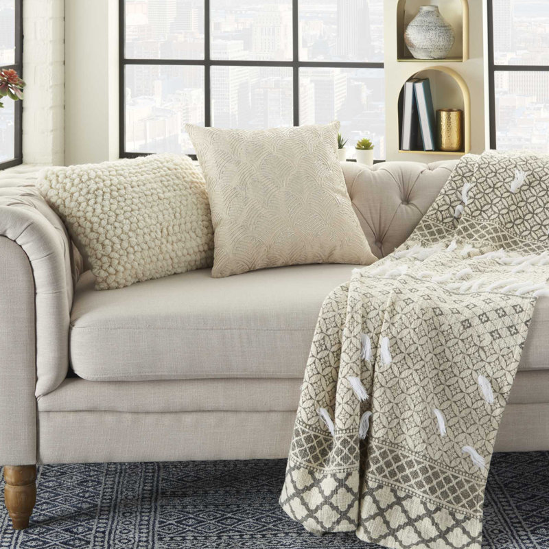Ivory and Silver Embroidered Cotton Square Throw Pillow
