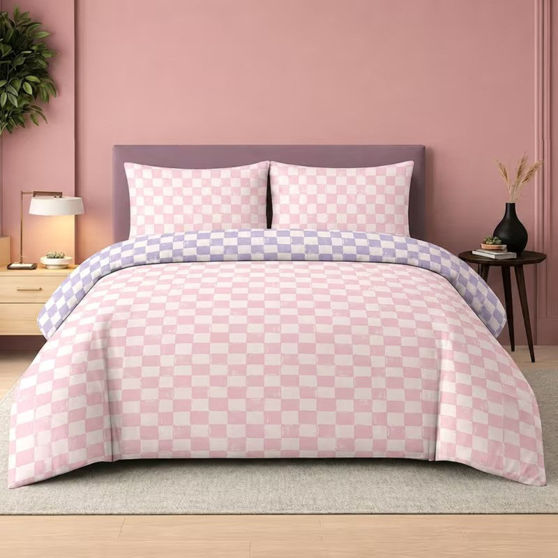 Checkerboard Duvet Cover Set Pink Lilac Bedding Set with Pillowcases, Double Duvet Cover + 2 Standard Pillowcases
