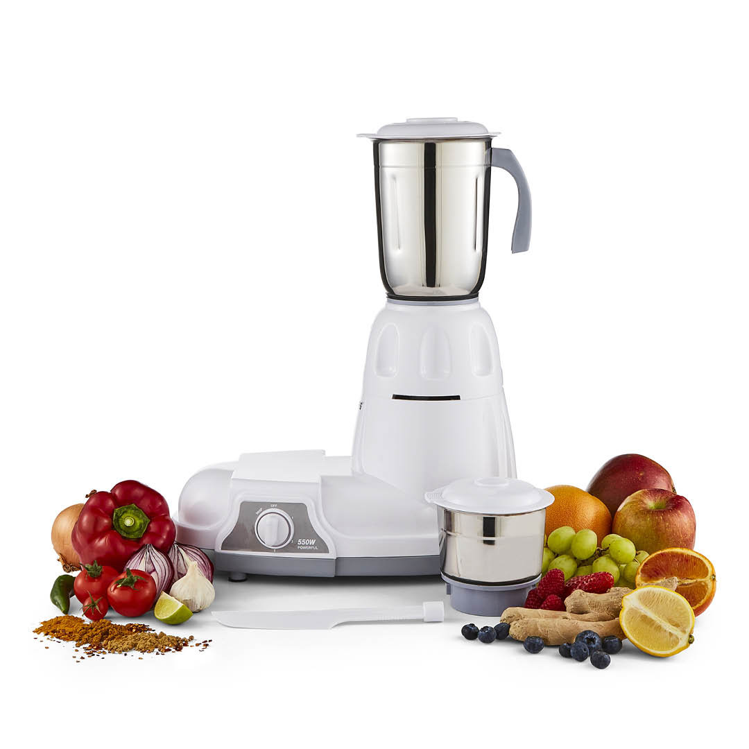 GEEPAS 550W 2-in-1 Dry & Wet Indian Mixer Grinder Heavy Duty Electric Grinder with Stainless Steel Jars & Blades Perfect for Fine Grinding Mixing Chop
