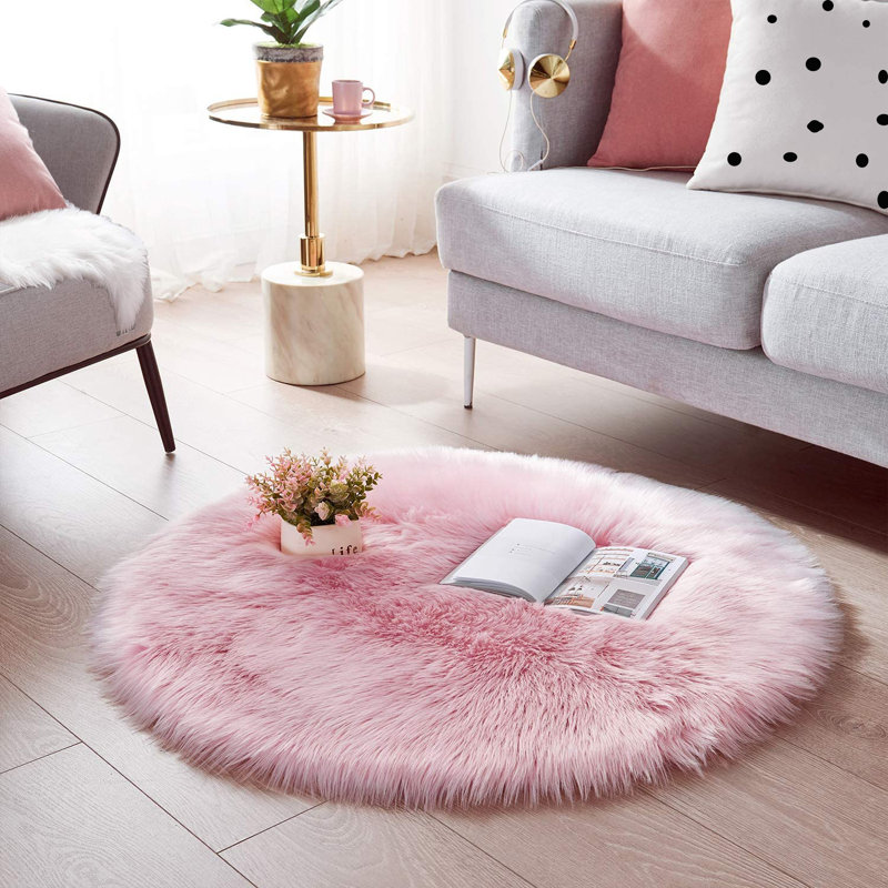 Tapis rose à poils longs Dosie, Rond 4 pi
