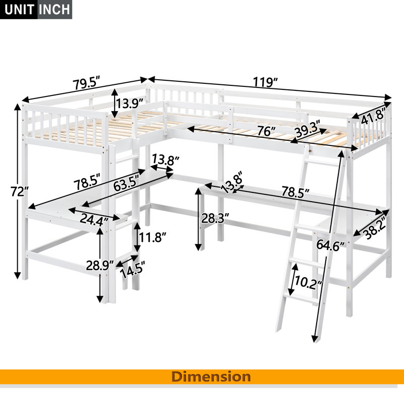 Lit mezzanine simple en bois en forme de L avec échelle et 2 bureaux intégrés en forme de L, Blanc