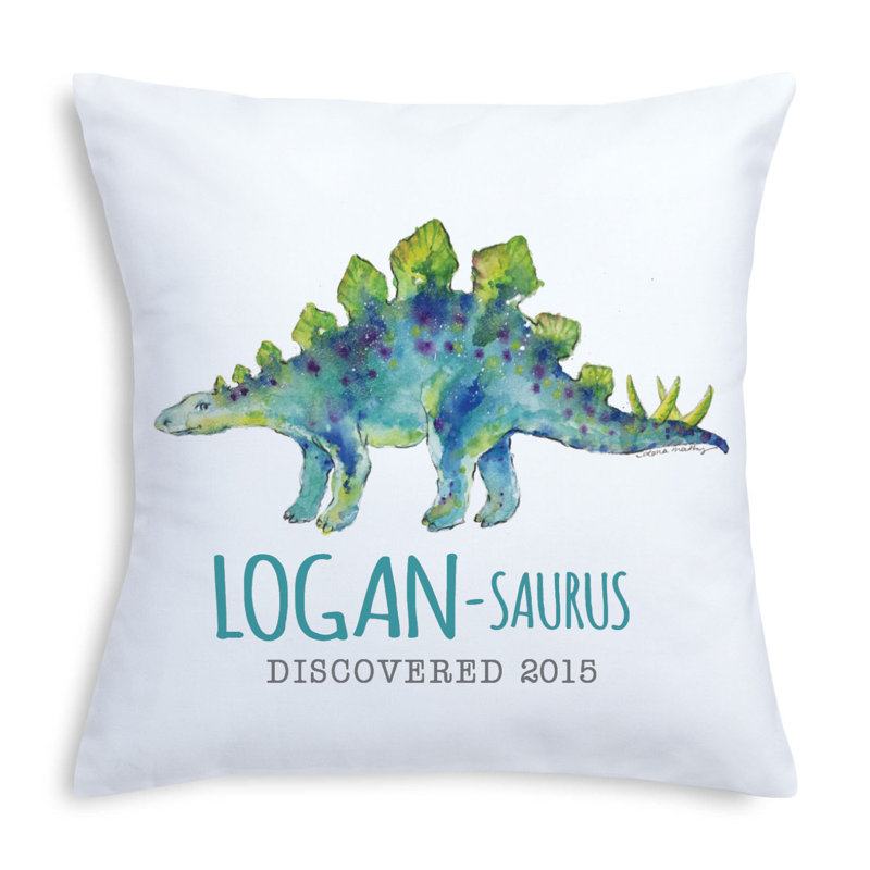 Blue Stegosaurus 14" Throw Pillow With Custom Name And Birth Year Printed On White Square Removable Cover And Decorative Accent For Nursery Play Room Or Bedroom, 14X14