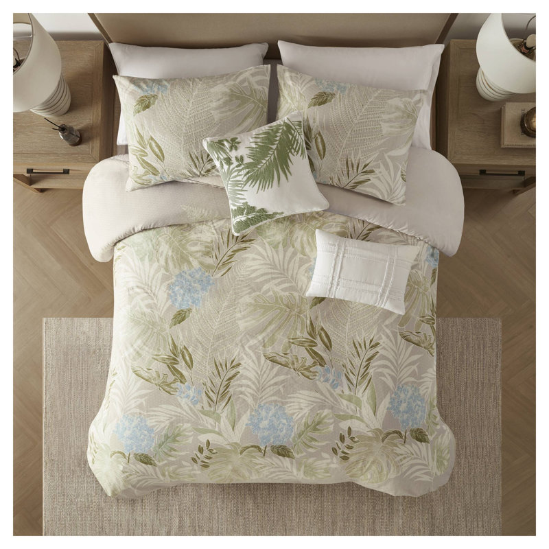 Ensemble de housse de couette en coton 5 pièces très grand / très grand californien avec coussins décoratifs à imprimé botanique - Literie certifiée OEKO-TEX
