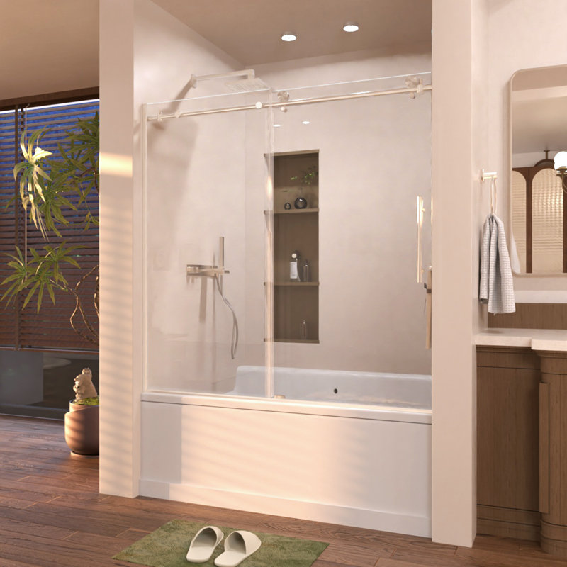 60 in. W x 60 in. H Sliding Semi Frameless Shower Door in Brushed Nickel Finish, Brushed Nickel