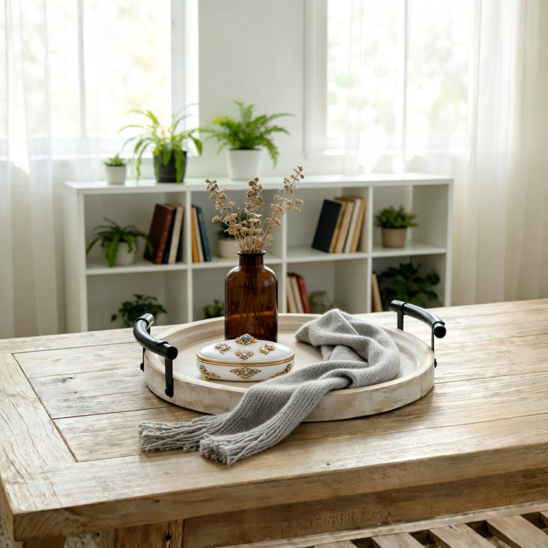 Plateau rond blanc en bois avec poignées en perles