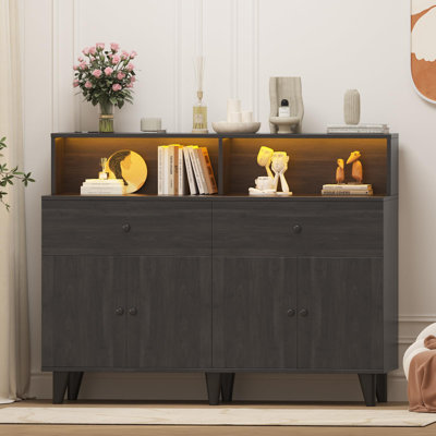 Storage Cabinet with Power Outlets & LED Light, Coffee Bar Station with Drawers & Adjustable Shelves