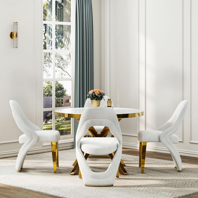 Ensemble de 6 chaises de luxe en velours blanc avec pieds en acier inoxydable doré poli