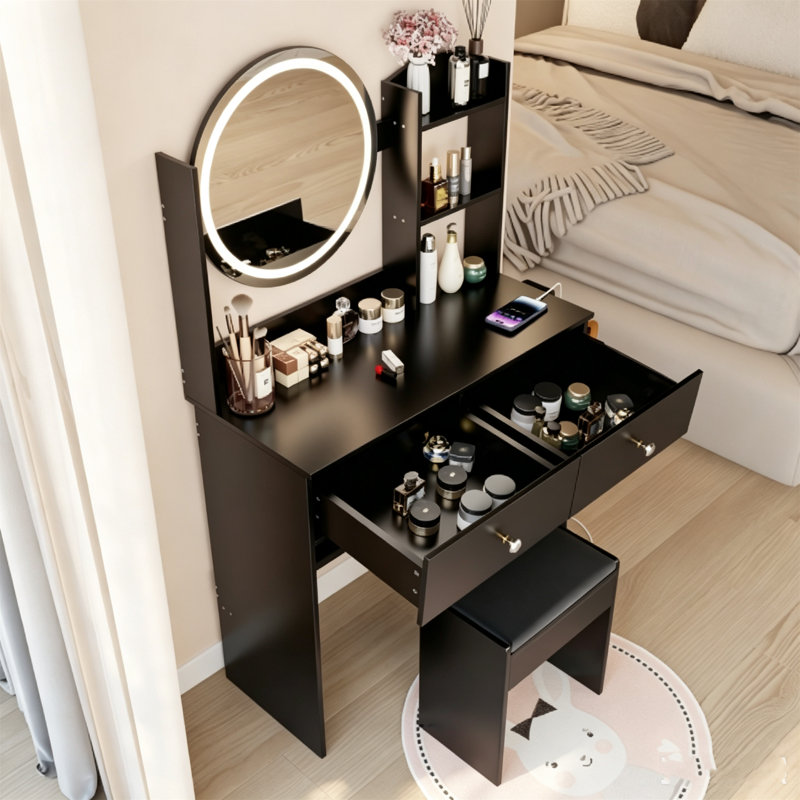 Meuble-lavabo rond 17 po à DEL avec tabouret, prise de courant 2AC + 2USB, luminosité réglable de 3 couleurs et grand rangement