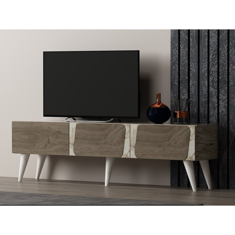 Meuble télé élégant avec finition marbrée et noyer, 59,1 po x 11,8 po x 16,9 po | 100% panneau de particules enduit de mélamine et pieds en PVC | Conception durable et élégante, parfaite pour le salon et les espaces de divertissement