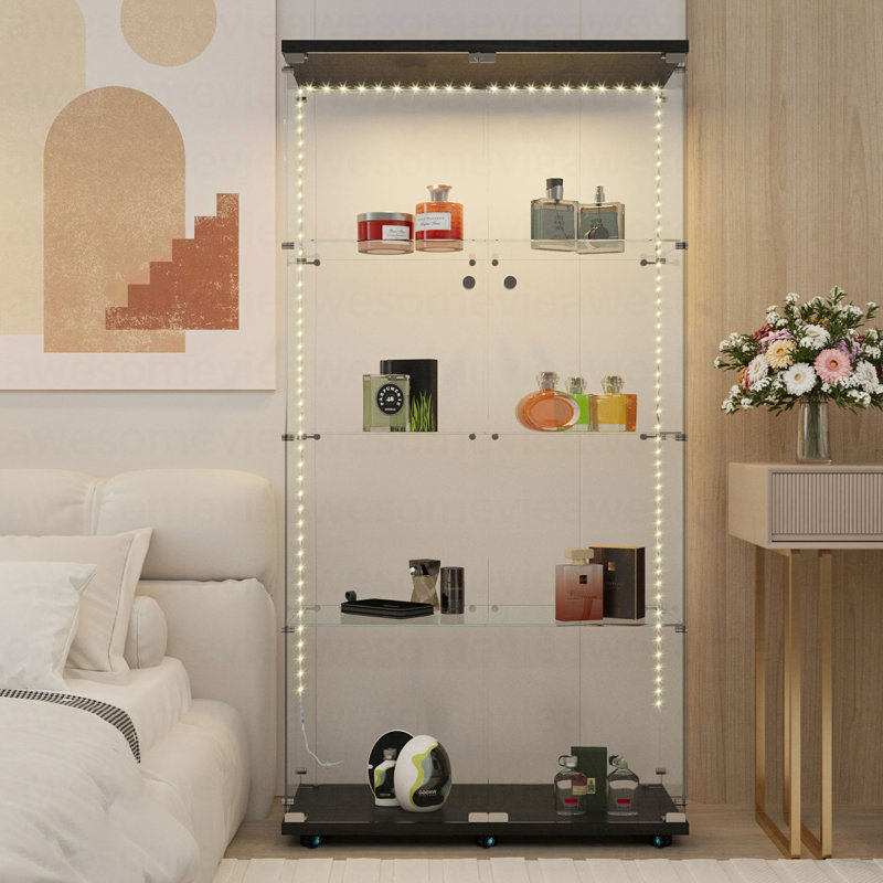 Tempered glass display cabinet, wine cabinet,storage cabinet,file cabinet,with Bluetooth LED light strip,lock on the door,equipped with cast,easy to move,for living room, bedroom,hallway,Office,black