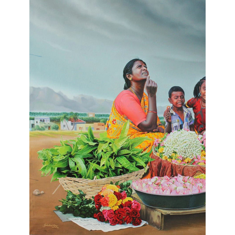 Femme sud-indienne vendant des fleurs avec des enfants, peinture par Gokulam Vijay - huile sur toile 48 "x 72"