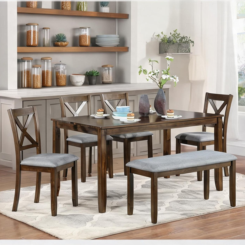 Ensemble de salle à manger 6 pièces en bois d'acacia brun chaud avec table rectangulaire, chaises rembourrées et banc, style campagne moderne